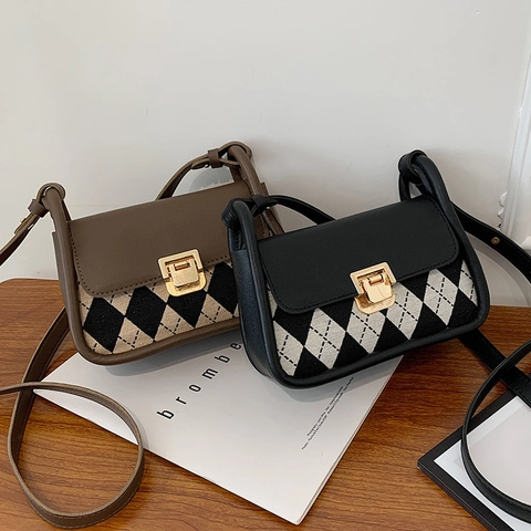 Vintage Argyle Pattern Shoulder Bag PU Leather Fabric Patchwork Crossbody Underarm Bag With Metal Lock For Women