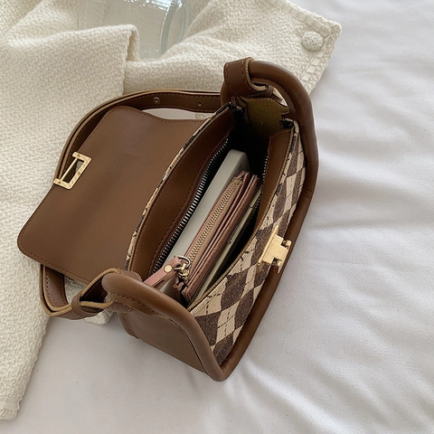 Vintage Argyle Pattern Shoulder Bag PU Leather Fabric Patchwork Crossbody Underarm Bag With Metal Lock For Women