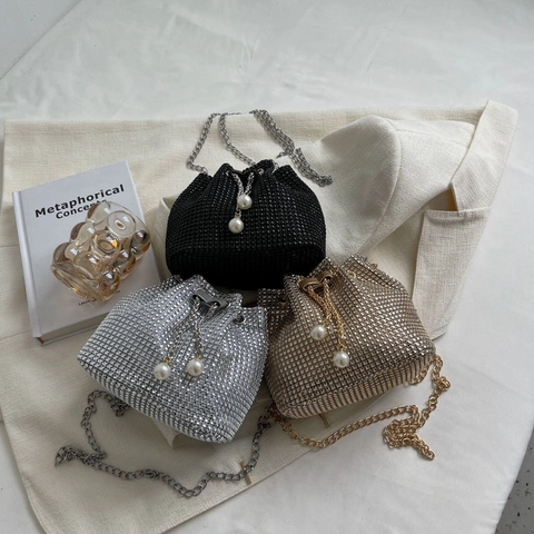 Elegant Rhinestone Bucket Bag With Artificial Pearl Drawstring And Metal Chain For Women Party Evening Sparkling Mini Crossbody