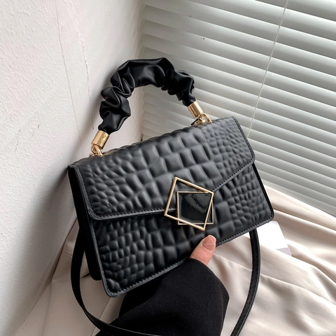 Sac Carré pour Femme en Cuir PU Motif Crocodile Avec Poignée Plissée et Boucle en Métal Doré Sac à Bandoulière Mode