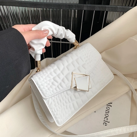 Women Crocodile Texture PU Leather Shoulder Bag Ruched Cloud Handle Geometric Buckle Fashion Crossbody Handheld Square Chic