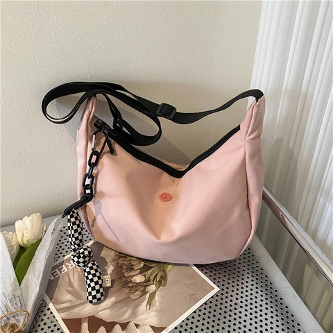 Minimalist Nylon Crescent Crossbody Bag For Women Large Capacity Hobo Shoulder Purse With Checkerboard Charm Casual Travel