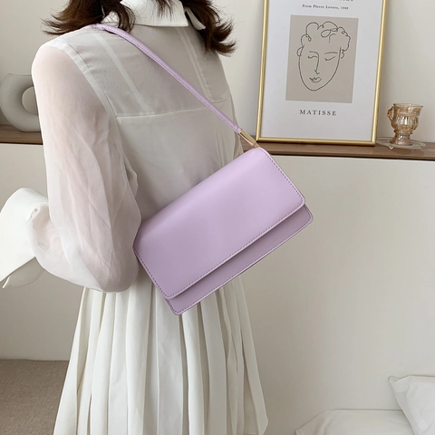 Bolso De Hombro Minimalista Para Mujer Cuero PU Color Sólido Estilo Vintage Bolso Baguette Bolso De Mano Herrajes Dorados