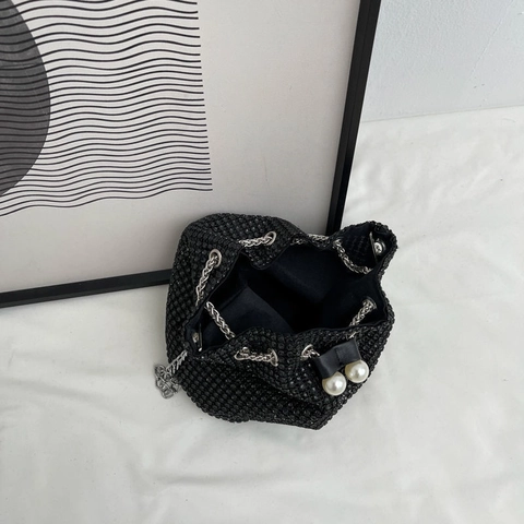 Elegant Rhinestone Bucket Bag With Artificial Pearl Drawstring And Metal Chain For Women Party Evening Sparkling Mini Crossbody