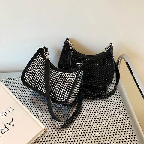 Nylon Strass Unterarmtasche Für Frauen Pailletten Halbmond Baguette Schultertasche Mode Lässig Party Bling Hobo Handtasche