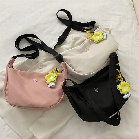 Women Nylon Half Moon Crossbody Bag Casual Dumpling Shoulder Bag With Flower Pendant Adjustable Wide Strap Trendy