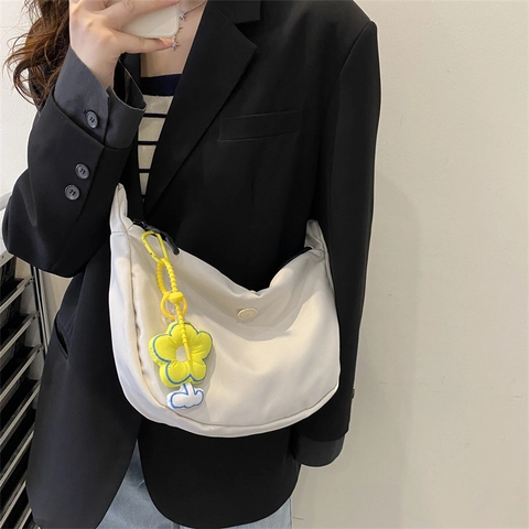 Women Nylon Half Moon Crossbody Bag Casual Dumpling Shoulder Bag With Flower Pendant Adjustable Wide Strap Trendy
