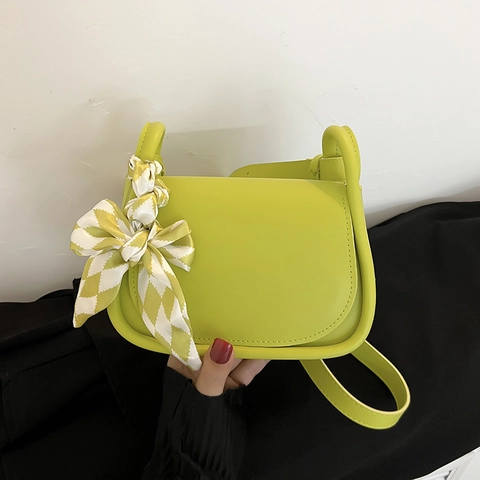 Mini Crossbody Bag PU Leather Small Square Flap Handbag With Satin Scarf Decor Candy Color For Women Daily Use