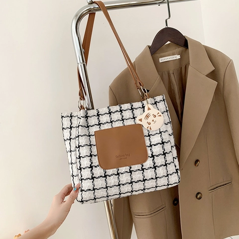 Τσάντα Tote Tweed Houndstooth Μεγάλη Χωρητικότητα Τσάντα Ώμου Με Χαριτωμένο Γούρι Vintage Retro Μόδα Για Γυναίκες