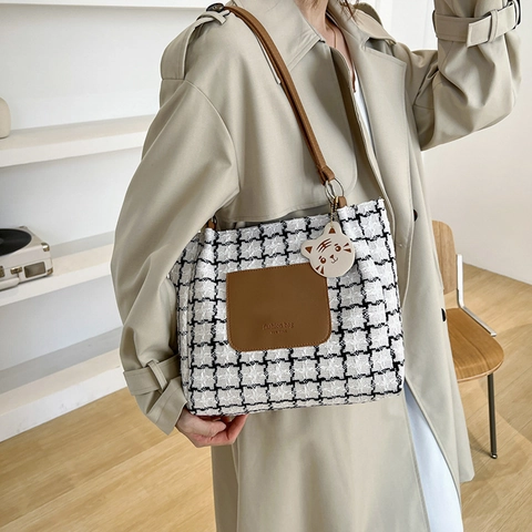 Τσάντα Tote Tweed Houndstooth Μεγάλη Χωρητικότητα Τσάντα Ώμου Με Χαριτωμένο Γούρι Vintage Retro Μόδα Για Γυναίκες