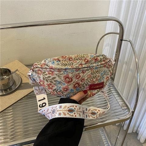 Women Retro Floral Canvas Waist Bag Bohemian Jacquard Chest Bag With Wide Adjustable Woven Strap Fashionable Crossbody Fanny Pack