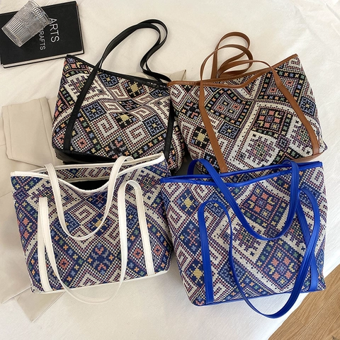 Damen Große Kapazität Ethno Geometrische Gewebte Tragetasche Lässige Leinwand Umhängetasche Vintage Boho Jacquard Handtasche Einkaufstasche