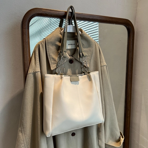 Women Minimalist PU Leather Tote Bag Large Capacity Vertical Stitching Contrast Color Shoulder Handbag Commuting