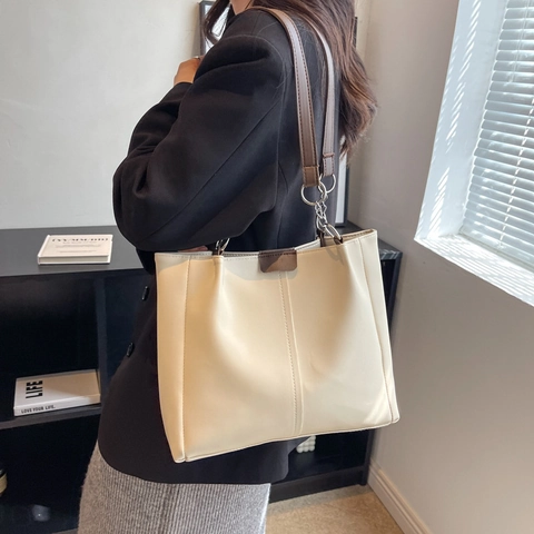 Women Minimalist PU Leather Tote Bag Large Capacity Vertical Stitching Contrast Color Shoulder Handbag Commuting
