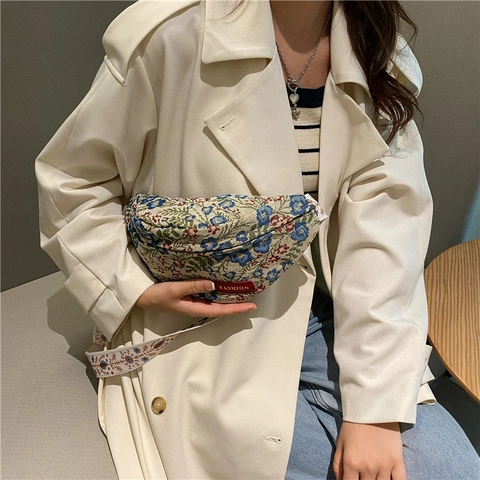 Women Retro Floral Canvas Waist Bag Bohemian Jacquard Chest Bag With Wide Adjustable Woven Strap Fashionable Crossbody Fanny Pack