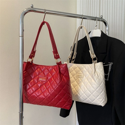 Sac Fourre-Tout Matelassé Pour Femme Cuir PU Grande Capacité Motif Diamant Sac À Main Bandoulière Quotidien