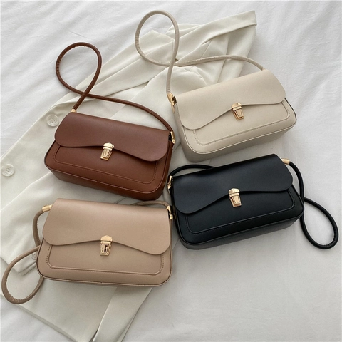 Retro PU Leather Underarm Shoulder Bag For Women Minimalist Rectangular Flap Bag With Gold Buckle