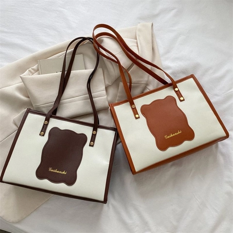 Borsa Tote Grande Da Donna Tela PU Pelle Patchwork Borsa A Spalla Per Pendolari Minimalista Elegante Moda
