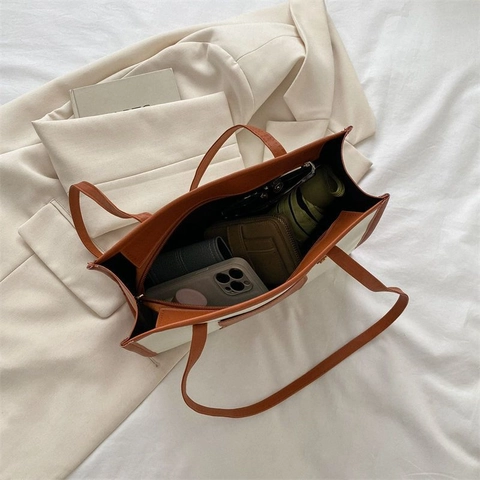 Borsa Tote Grande Da Donna Tela PU Pelle Patchwork Borsa A Spalla Per Pendolari Minimalista Elegante Moda