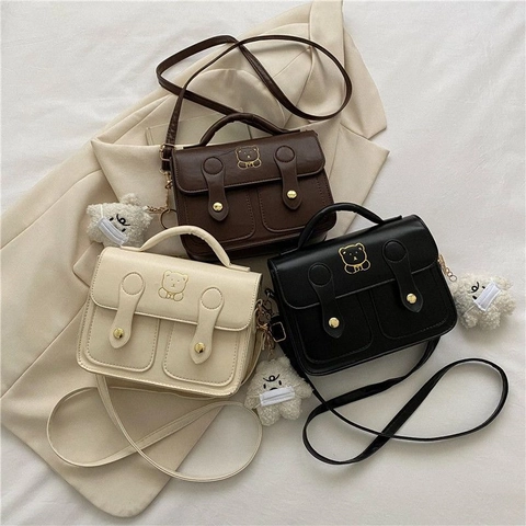 Retro PU Leather Small Square Crossbody Bag With Bear Embroidery And Plush Charm For Women Vintage Style Messenger Handbag