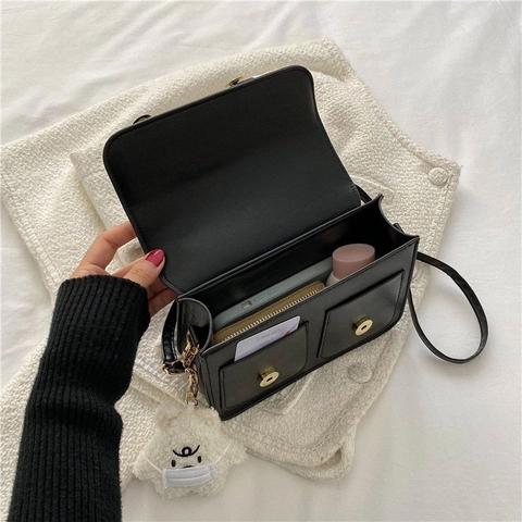 Retro PU Leather Small Square Crossbody Bag With Bear Embroidery And Plush Charm For Women Vintage Style Messenger Handbag