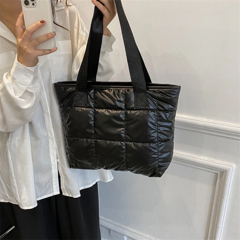 Borsa Tote Trapuntata Nero Nylon Puffer Borsa A Spalla Grande Capacità Cerniera Quotidiano Casual Minimalista Donne