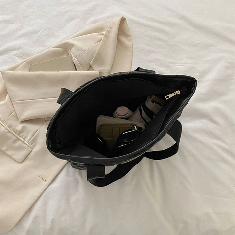 Borsa Tote Trapuntata Nero Nylon Puffer Borsa A Spalla Grande Capacità Cerniera Quotidiano Casual Minimalista Donne
