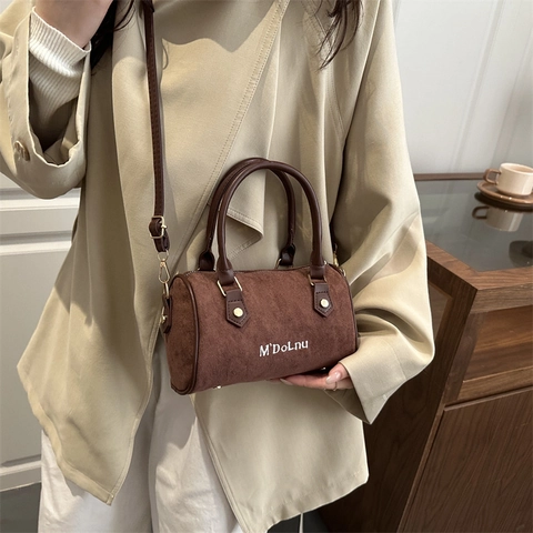 Damen Boston Zylinder Handtasche Matt Wildleder PU Leder Retro Umhängetasche Verstellbarer Riemen Vintage Street Style