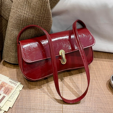 Französische Retro Baguette Umhängetasche Damen Glänzendes Lack PU Leder Achseltasche Mit Goldener Metallschnalle