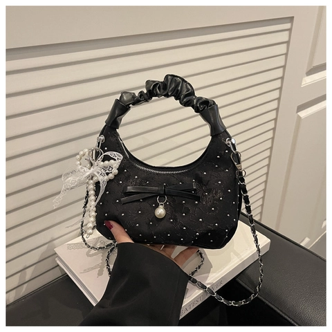 2026 Neue Strass Schleife Umhängetasche Für Damen Süß Plissiert Griff Handtasche Mit Künstliche Perle Deko Satin Spitze Kette Umhängetasche
