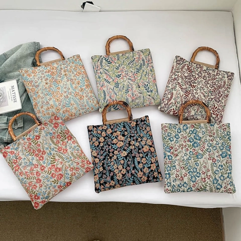 Vintage Floral Canvas Tote Bag With Bamboo Handle Large Capacity Korean Style Handbag For Women Daily Commute Shoulder Bag