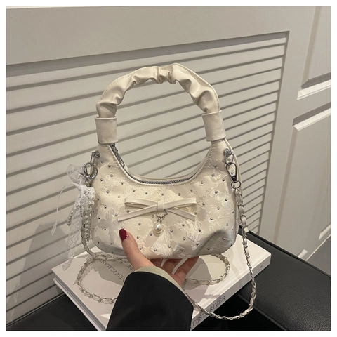 2026 Neue Strass Schleife Umhängetasche Für Damen Süß Plissiert Griff Handtasche Mit Künstliche Perle Deko Satin Spitze Kette Umhängetasche