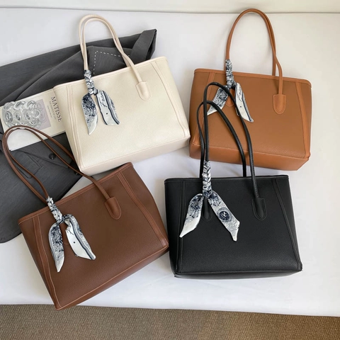 Women Large Capacity Tote Bag Lychee Grained PU Leather With Scarf Minimalist Urban Commute Shoulder Handbag