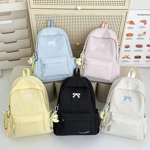 Nylon Rugzak Voor Meisjes Japanse Stijl Strik Borduurwerk Grote Capaciteit Schooltas Met Maan Hanger Kawaii Student
