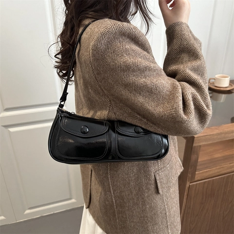 Vintage Damen PU Leder Achseltasche Doppeltasche Glänzende Schultertasche Retro Pendler Handtasche Für Den Alltag Büro