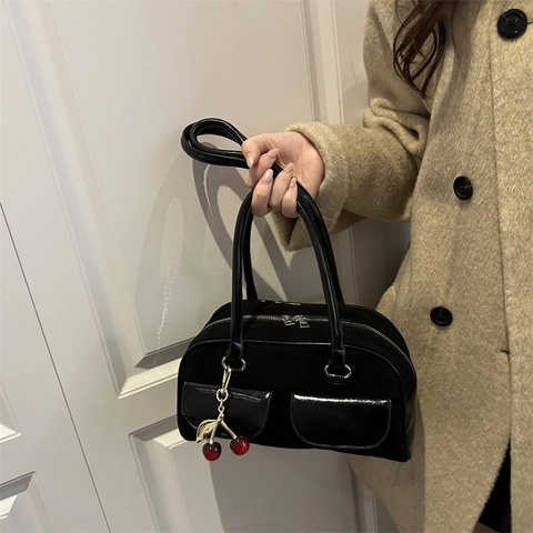 Vintage Underarm Shoulder Bag Suede PU Leather Mixed Texture Dual Front Pockets Cherry Charm Retro Style