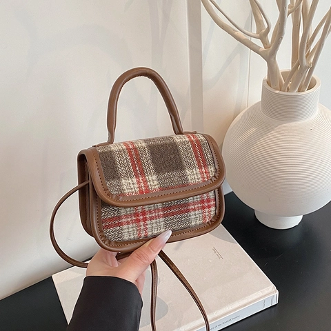 Vintage Plaid Tweed Crossbody Bag Women Mini Small Square Handbag With PU Leather Trim Retro British Style Flap Closure