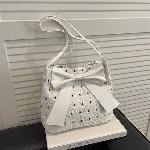 Textured Stoff Eimer Tasche Mit Großer Schleife Süße Modische Schultertasche Für Damen Sommer Lässige Unterarm Handtasche