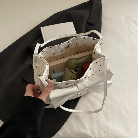 Textured Stoff Eimer Tasche Mit Großer Schleife Süße Modische Schultertasche Für Damen Sommer Lässige Unterarm Handtasche