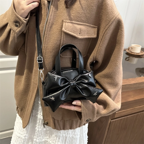 Damen Umhängetasche PU Leder Große Schleife Dekoration Stern Nieten Tragegriff Verstellbarer Gurt Schicke Trendy Mini Tasche