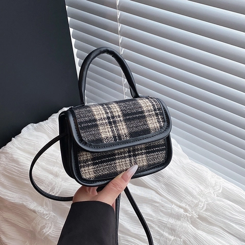 Bolso Cuadrado Mini Urbano Simple a Cuadros Para Mujer Ribete de Cuero PU Bolso Bandolera Moda Retro Bolso de Mano Pequeño