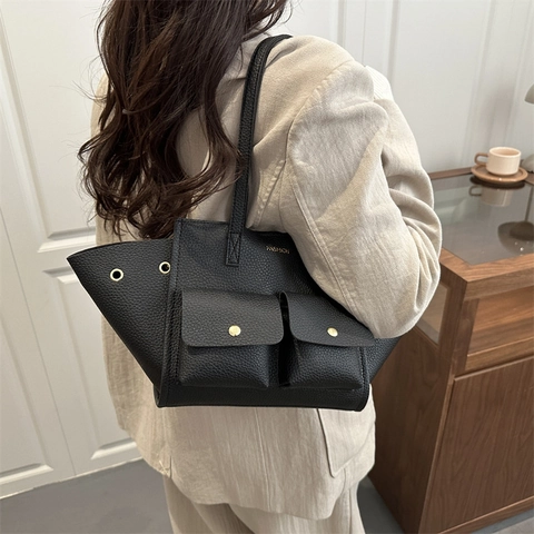 Borsa Tote Da Donna Moda Motivo Lychee Pelle PU Grande Capacità Design Alato Tasche Frontali Borsa A Spalla