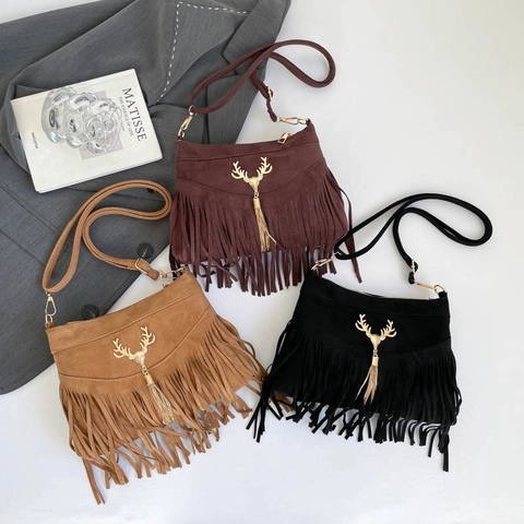 Niche Bohemian Fringe Crossbody Bag Women Vintage Faux Suede Tassel Shoulder Bag Golden Deer Decor Commute Small Square Purse