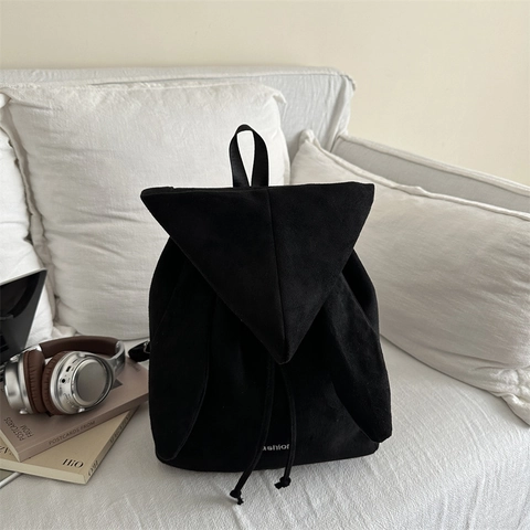 Mochila Casual Para Mujer Textura De Ante Gran Capacidad Bolsa Con Cordón Diseño De Orejas De Conejo Estilo Retro
