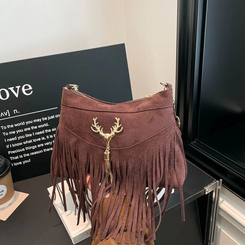 Borsa A Tracolla In Camoscio Vintage Con Frange E Decorazione Testa Di Cervo Dorata Borsa Boho Donna Quotidiana