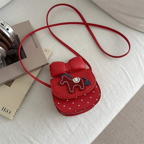 Borsa A Tracolla Rossa Per Bambine Mini Borsetta In Pelle PU Con Fiocco Dimensionale E Ricamo Pony Motivo Pois Cuore
