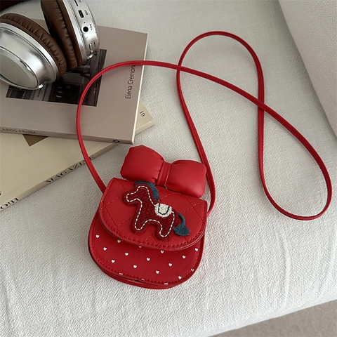 Borsa A Tracolla Rossa Per Bambine Mini Borsetta In Pelle PU Con Fiocco Dimensionale E Ricamo Pony Motivo Pois Cuore