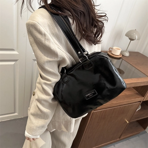 Women's Fashion PU Leather Boston Bag Shiny Shoulder Handbag Minimalist Zipper Closure Daily Commute Satchel Large Capacity Bag