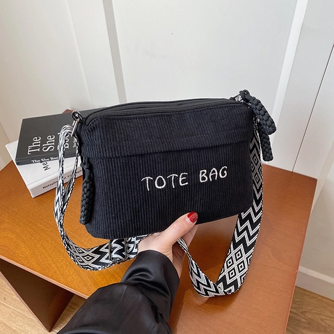 Corduroy Crossbody Bag For Women Vintage Shoulder Tote With Geometric Wide Strap Letter Embroidery Casual Satchel