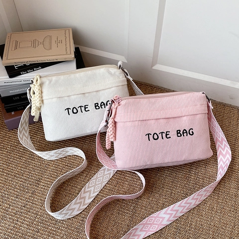 Corduroy Crossbody Bag For Women Vintage Shoulder Tote With Geometric Wide Strap Letter Embroidery Casual Satchel
